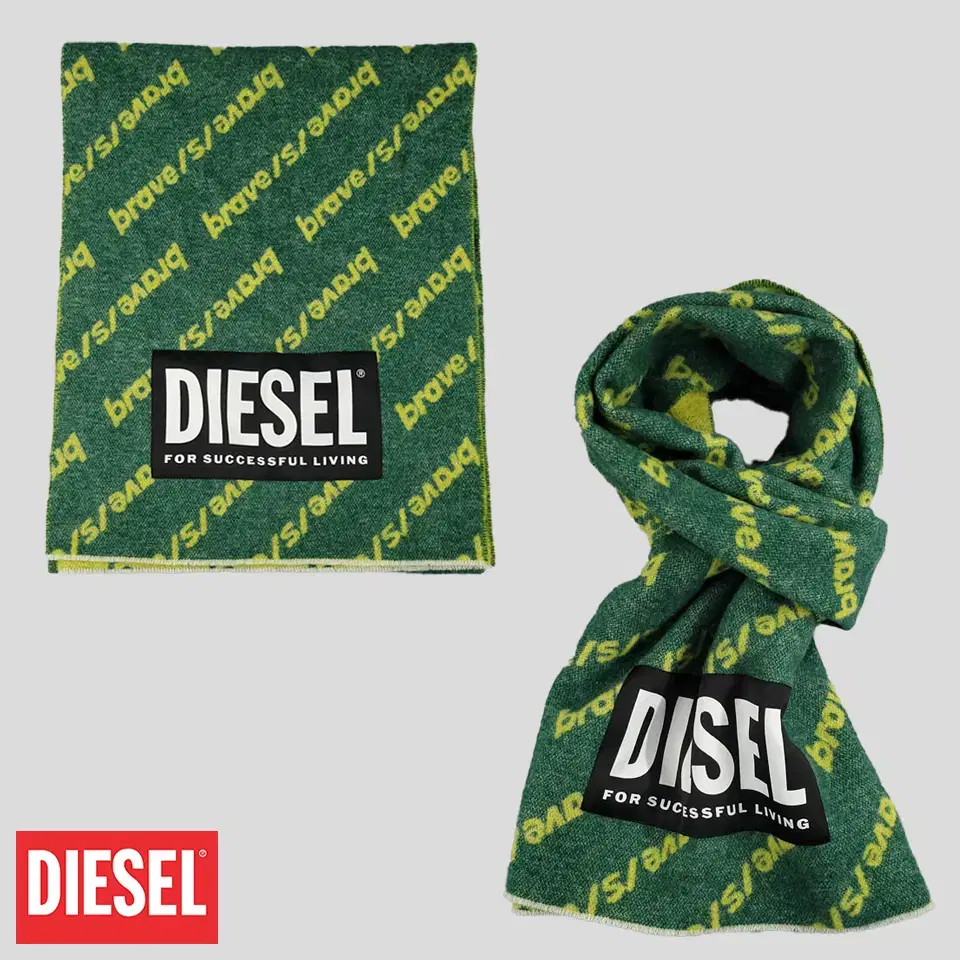 DIESEL 디젤 그린톤 스펠아웃 패턴 로고 패치 울블렌드 논테슬 머플러